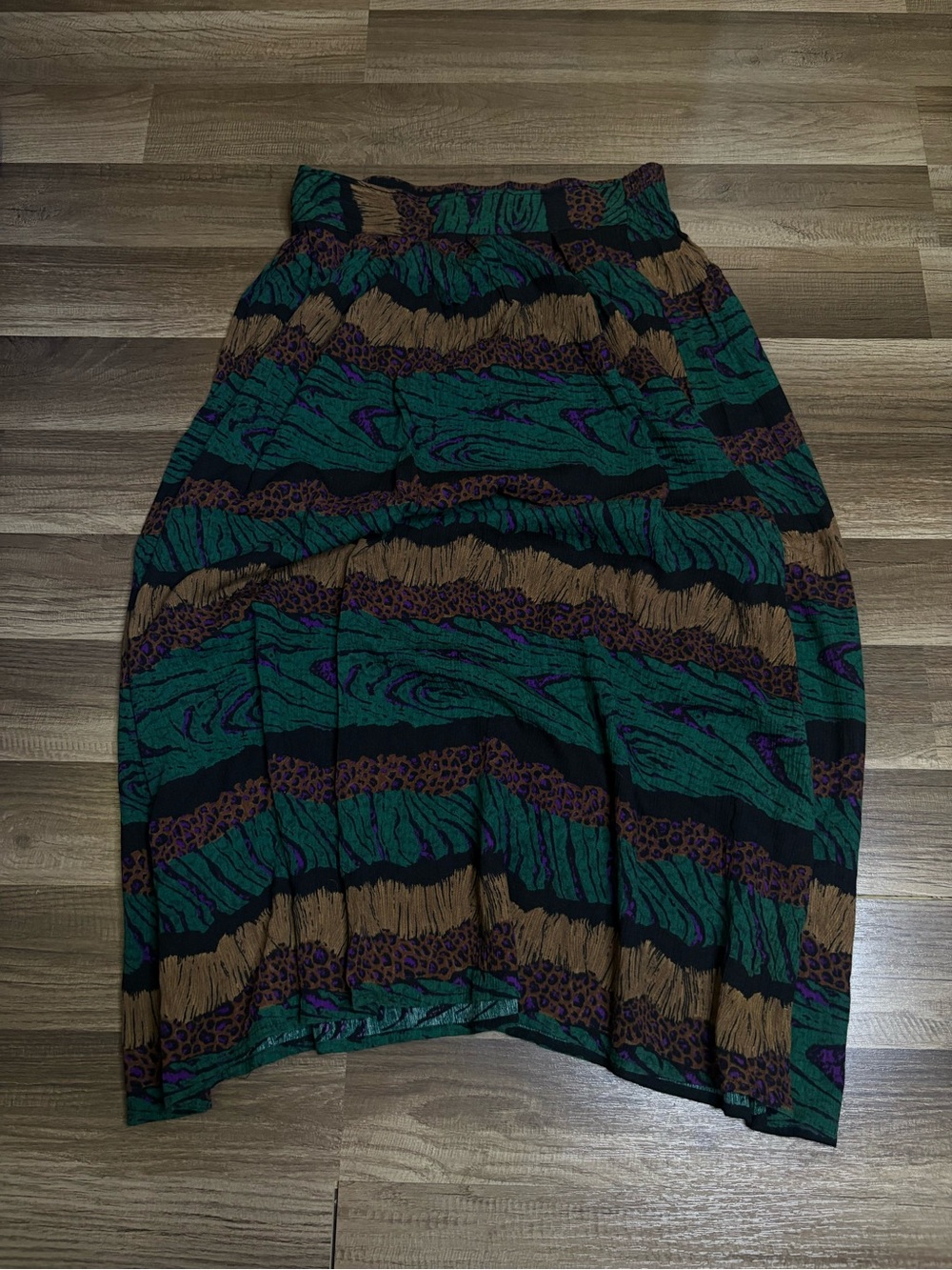 FR Sport Abstract Green Brown Midi A-Line Skirt Rayon Elastic Waist Medium